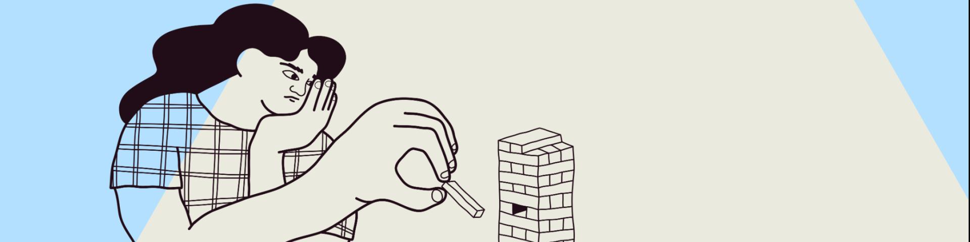 graphic of a women stacking a Jenga block on a light blue and cream background