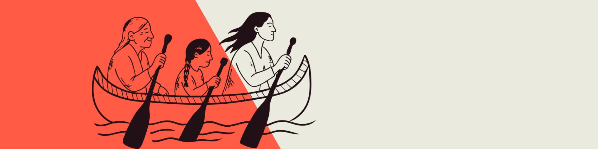 Illustration of three Indigenous people from different generations paddling together in a canoe across calm water. An Elder sits at the back, a child in the middle and a young adult at the front, symbolizing the sharing of culture, knowledge and stories across generations. The illustration appears on a coral and light beige background with open space for accompanying text.
