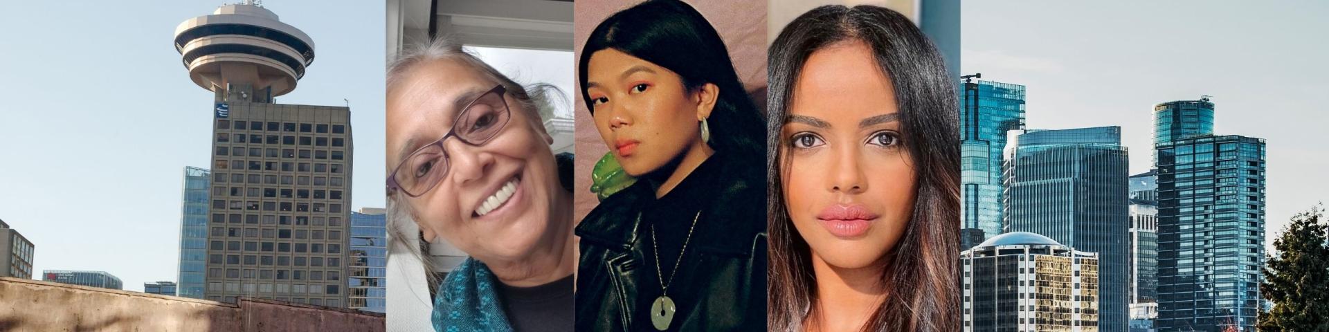 A collage with a Vancouver street and skyline background and photos of three women with a banner that reads "YWCA City Shift spotlight"