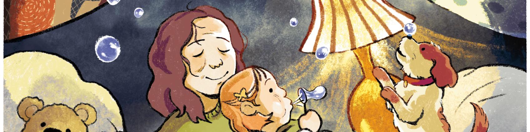 A comic illustration of a mother holding her daughter