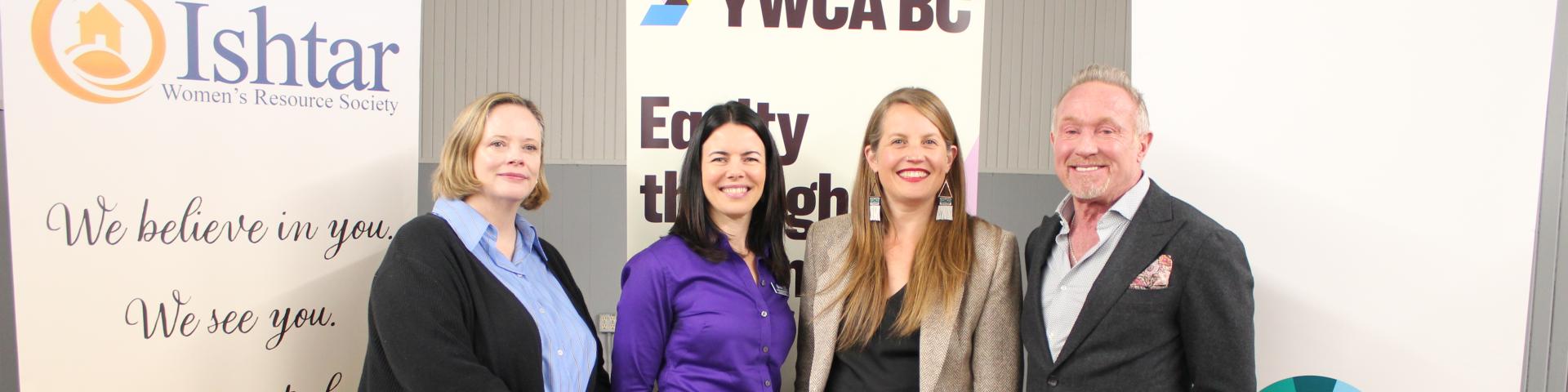 YWCA BC VP of Housing and Violence Prevention Lisa Rupert, Ishtar Executive Director Julia Boyle Davidson, BC Minister of Housing Christine Boyle and Donald Mackenzie of 625 Powell Street Foundation at an event celebrating the opening of three new YWCA housing communities. 