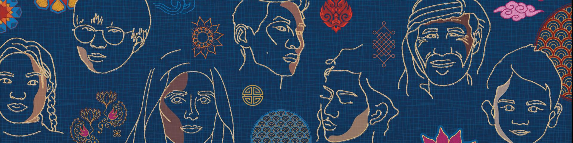 A blue background with hand-drawn outlines of many faces 