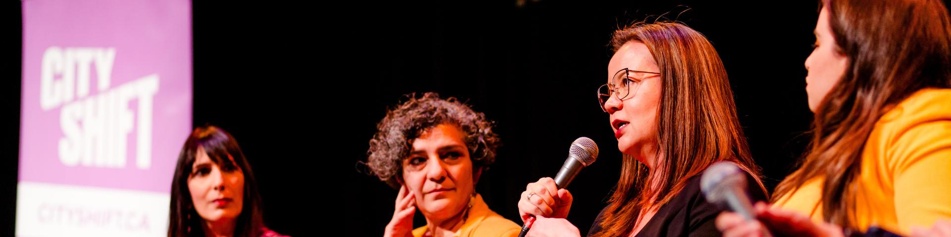 Reimagining pur Cities, March 12, 2024. Left to right: Shachi Kurl, Aftab Erfan, Ginger Gosnell-Myers, Rachael Segal, Andrea Reimer.