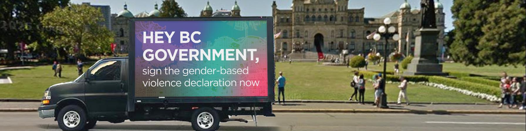 Truck urging the BC Government to declare GBV an epidemic