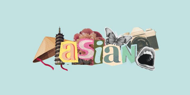 A collage of different cutouts spelling the word "Asian" with a light blue background