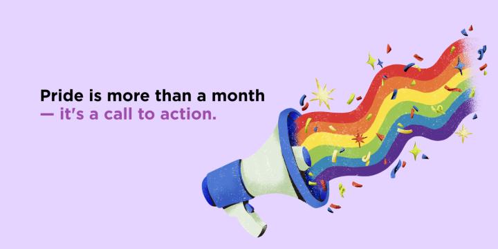 Megaphone with rainbow soundwaves and sparkles coming out of it