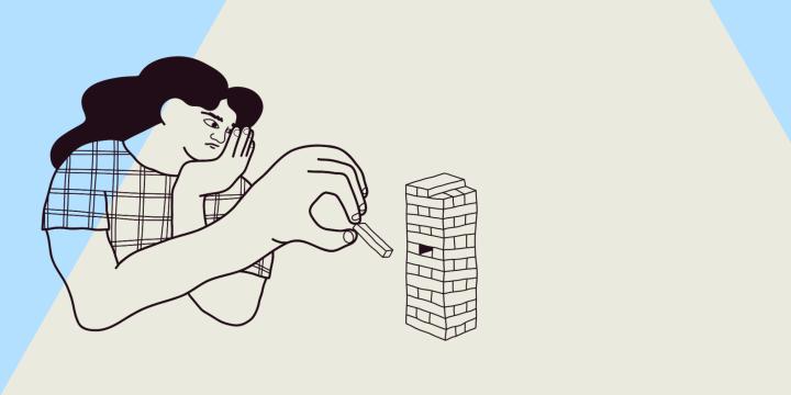 graphic of a women stacking a Jenga block on a light blue and cream background