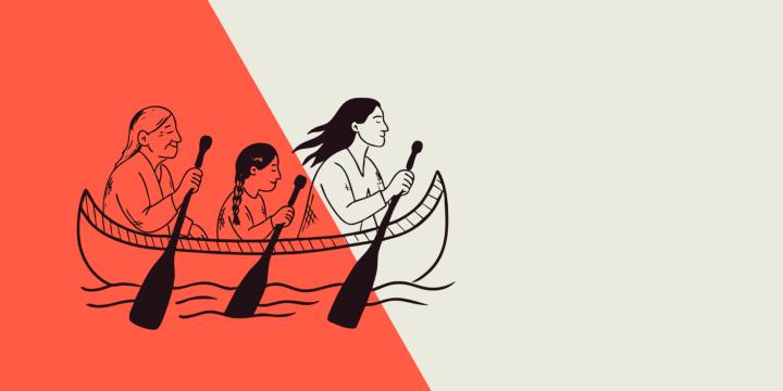 Illustration of three Indigenous people from different generations paddling together in a canoe across calm water. An Elder sits at the back, a child in the middle and a young adult at the front, symbolizing the sharing of culture, knowledge and stories across generations. The illustration appears on a coral and light beige background with open space for accompanying text.