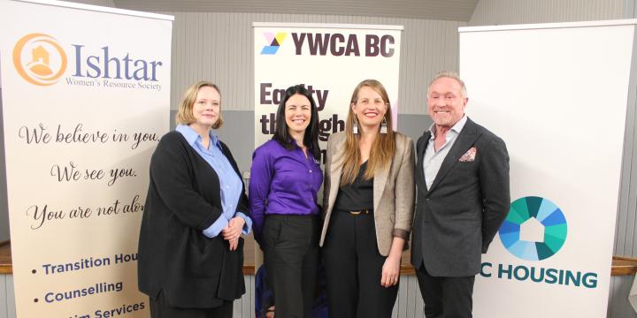 YWCA BC VP of Housing and Violence Prevention Lisa Rupert, Ishtar Executive Director Julia Boyle Davidson, BC Minister of Housing Christine Boyle and Donald Mackenzie of 625 Powell Street Foundation at an event celebrating the opening of three new YWCA housing communities. 