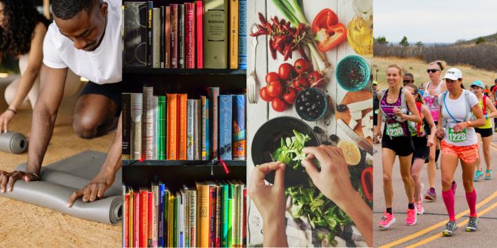 Man rolling yoga mat, hands preparing food, shelves with books, person running a race