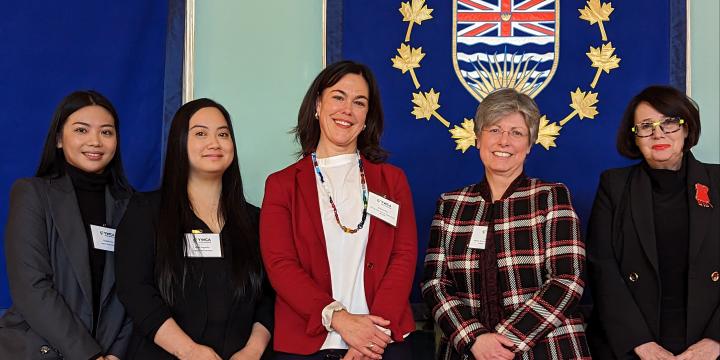 Robbie Tee and Nicola Espiritu, event speakers, Erin Seeley, YWCA CEO, Val Mann, YWCA Board Chair and the Honourable Janet Austin, Liutenant Governor of BC.