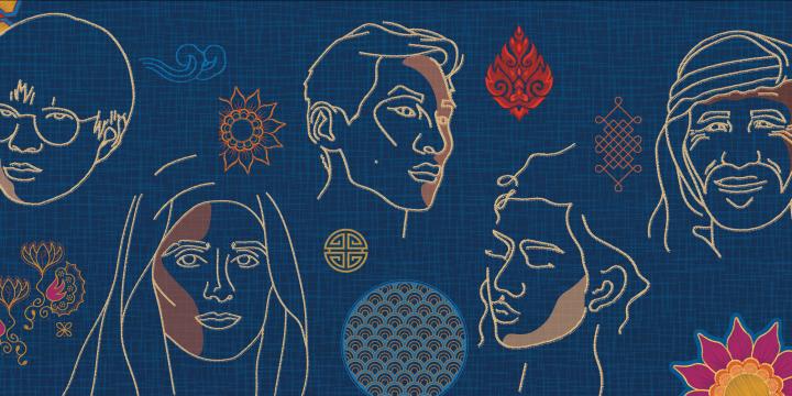 A blue background with hand-drawn outlines of many faces 