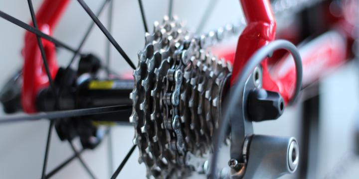 Red Bicycle chains close up  