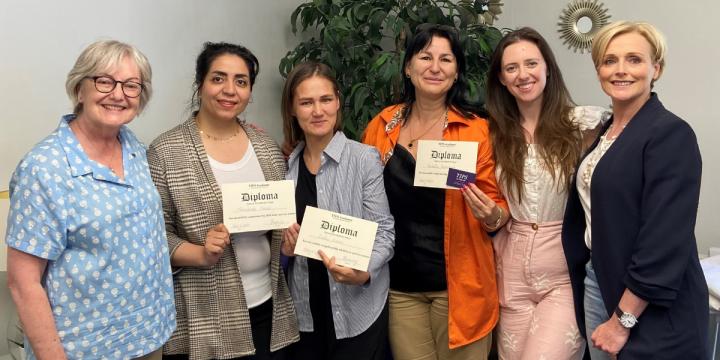 YWCA Engage Mentorship Hub participants and facilitators with Sandrine Ramoisy of Tips Academy (right).