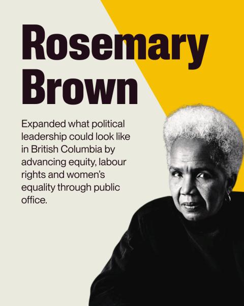 Graphic of Rosemary Brown with write up: Expanded what political leadership could look like in British Columbia by advancing equity, labour rights and women’s equality through public office. 
