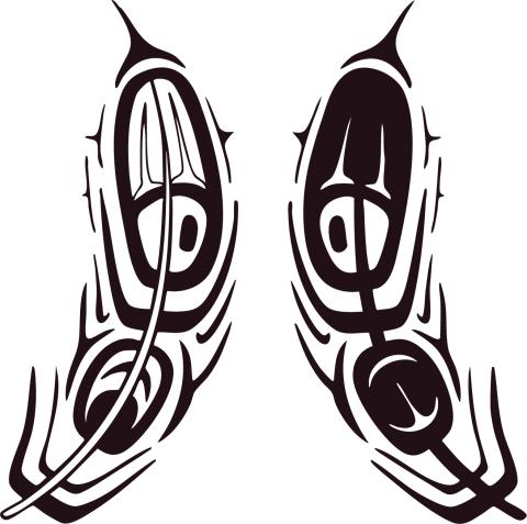 An illustration of a pair of feathers with Coast Salish design
