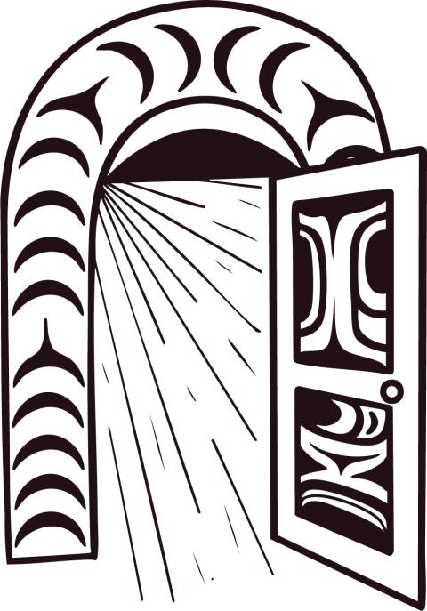 An illustration depicts a doorway with Coast Salish design opening into light