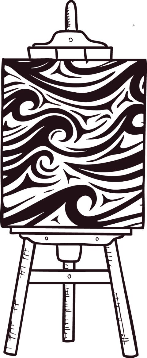 An illustration of an easel holding a canvas filled with Coast Salish–inspired movement