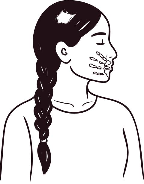 An illustration of an Indigenous women with a handprint over her mouth