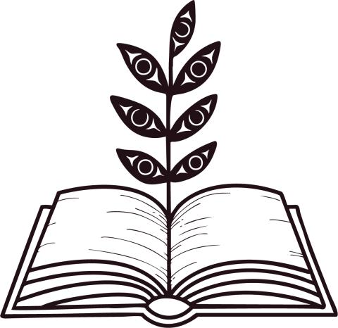 An illustration of an open book with a plant growing out of the book with a Coast Salish designed 