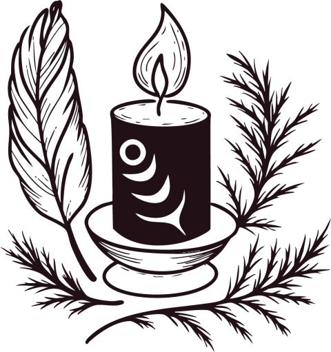 An illustration of a candle with Coast Salish design, with a feather and cedar around it
