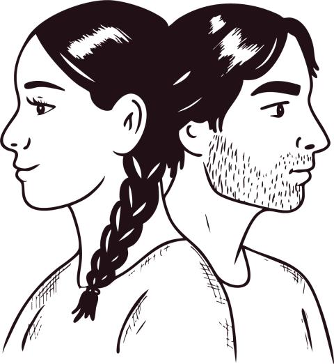 An illustration of two figures sit back-to-back, connected by a shared braid