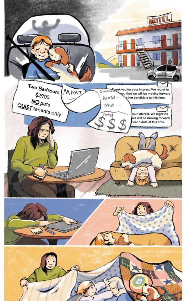 Page 2. The mother moves into a motel with her daughter and dog to seek safety. She has a hard time finding a rental space because everything is very expensive..