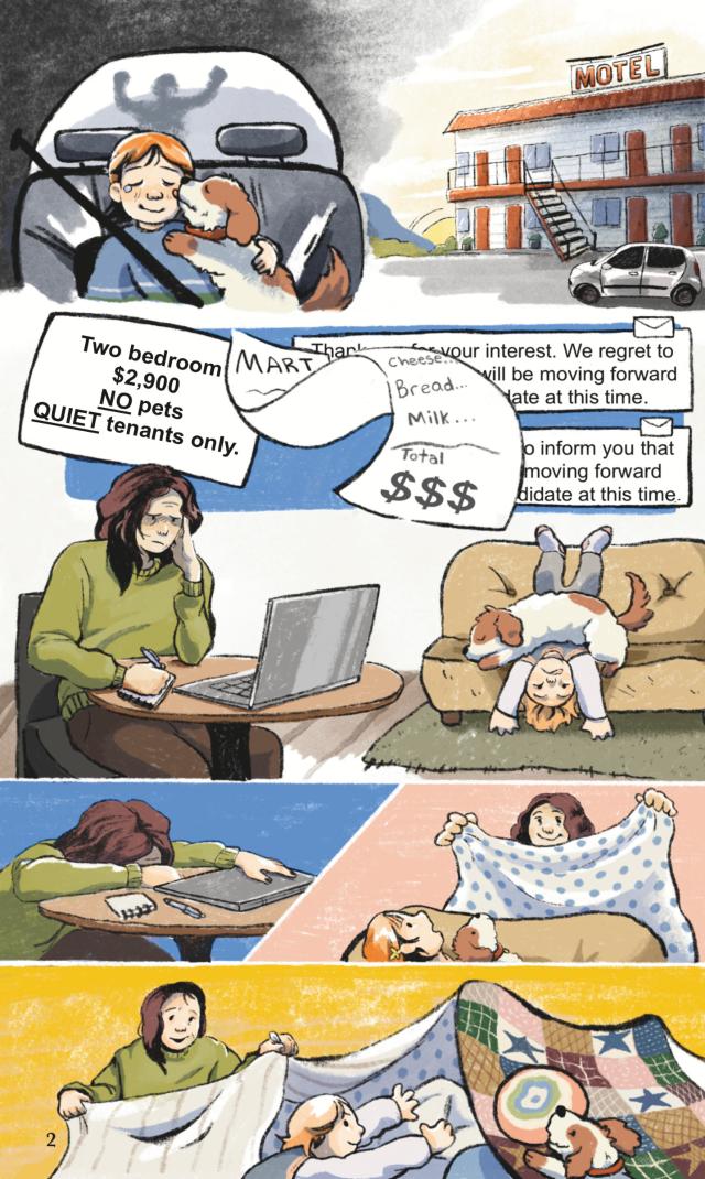 Page 2. The mother moves into a motel with her daughter and dog to seek safety. She has a hard time finding a rental space because everything is very expensive..
