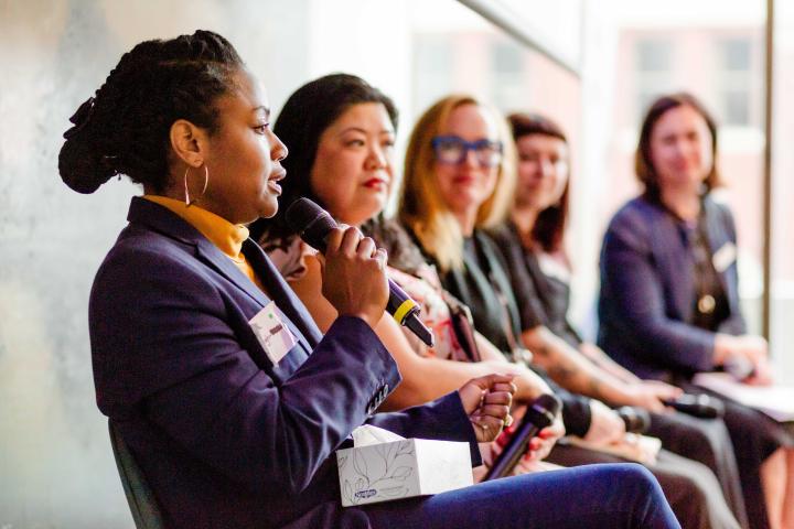 Peer-Centred Advocacy Council members speak on a panel at the YWCA City Shift wrap-up event.  