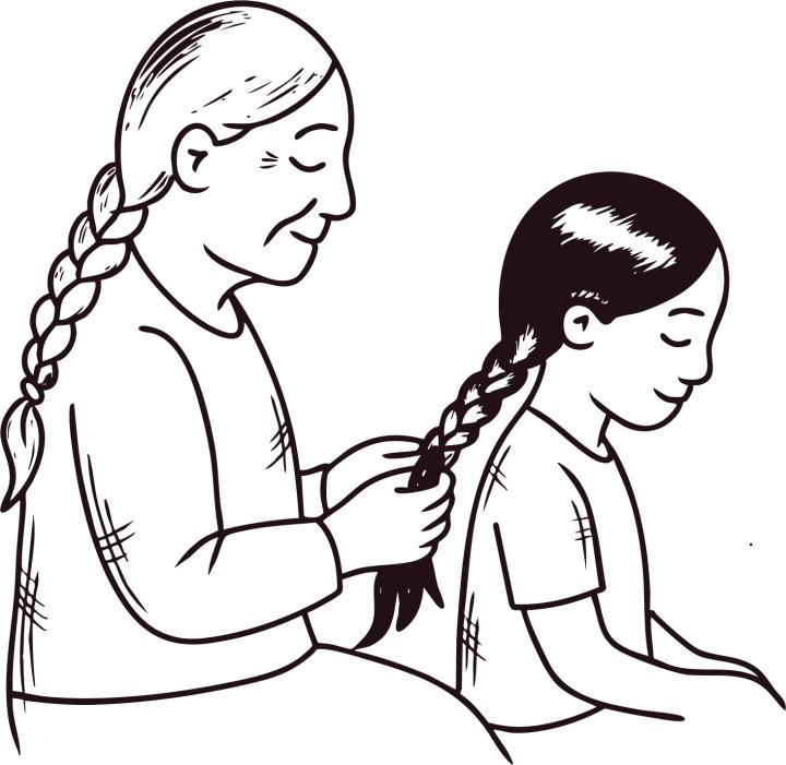 Coast Salish illustration of an intergenerational elder braiding a girl's hair