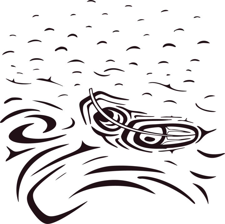 A Coast Salish illustration of a central eye-like feature of a feather with surrounding lines flow like wind and water