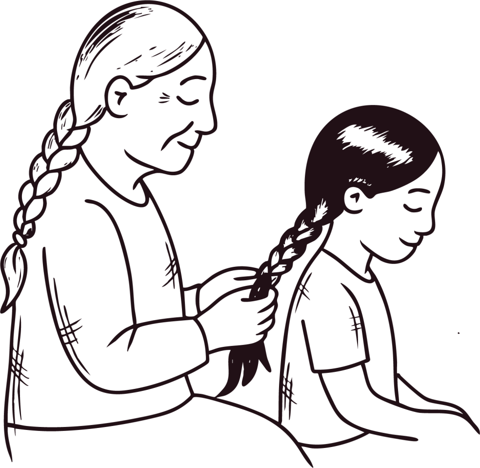 Indigenous elder braiding the hair of a young indigenous girs