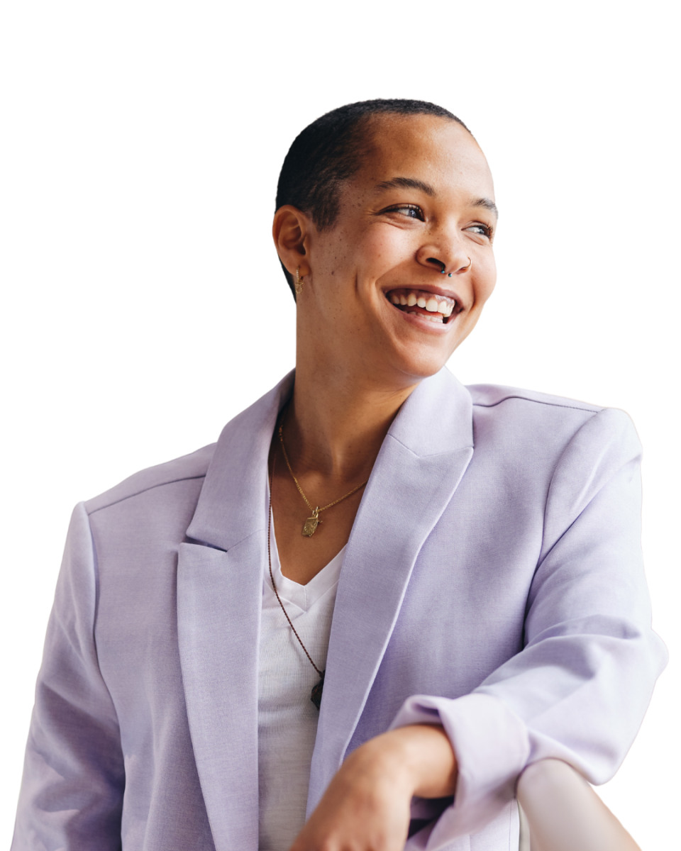 LGBTQIA+ person in a lilac professional suit