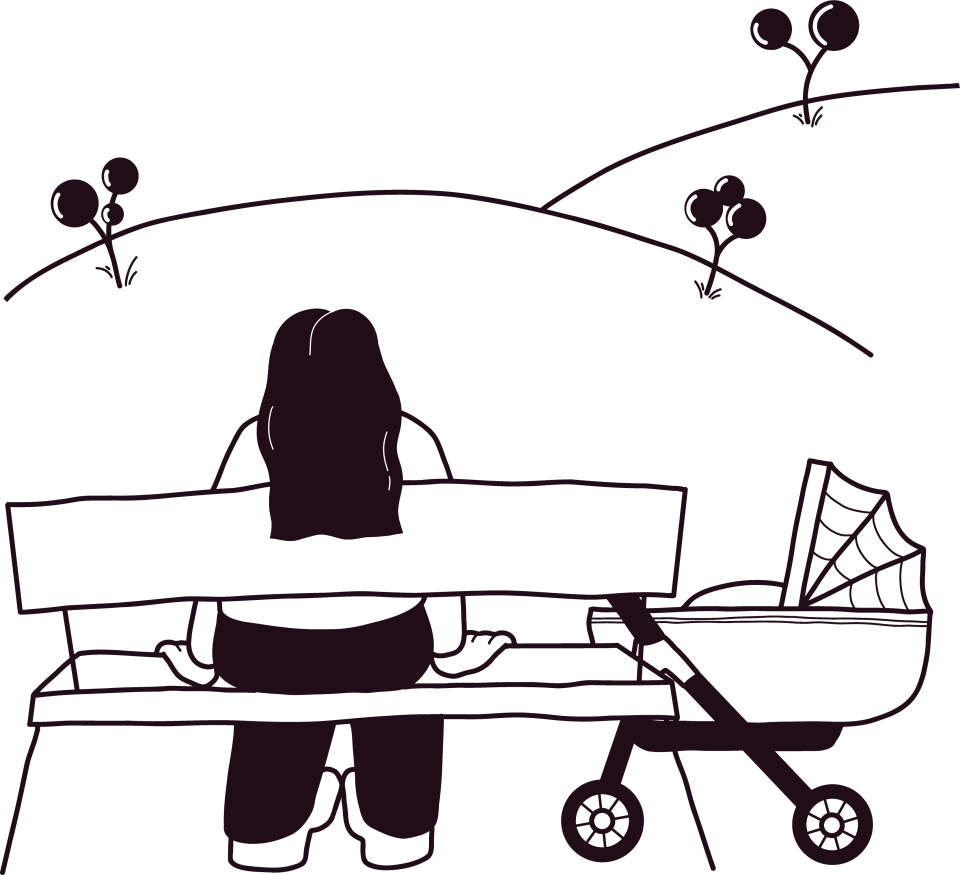 Illustration of a mom seating in a bench looking at the horizon