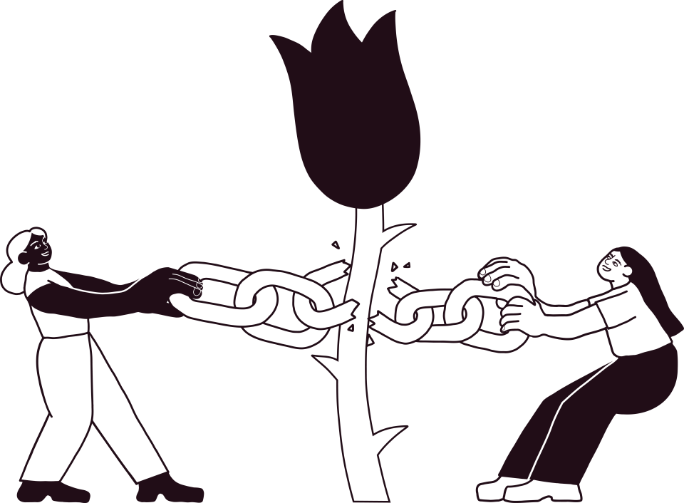 Illustration of two individuals breaking the chain around a flower by Anita Rudakov