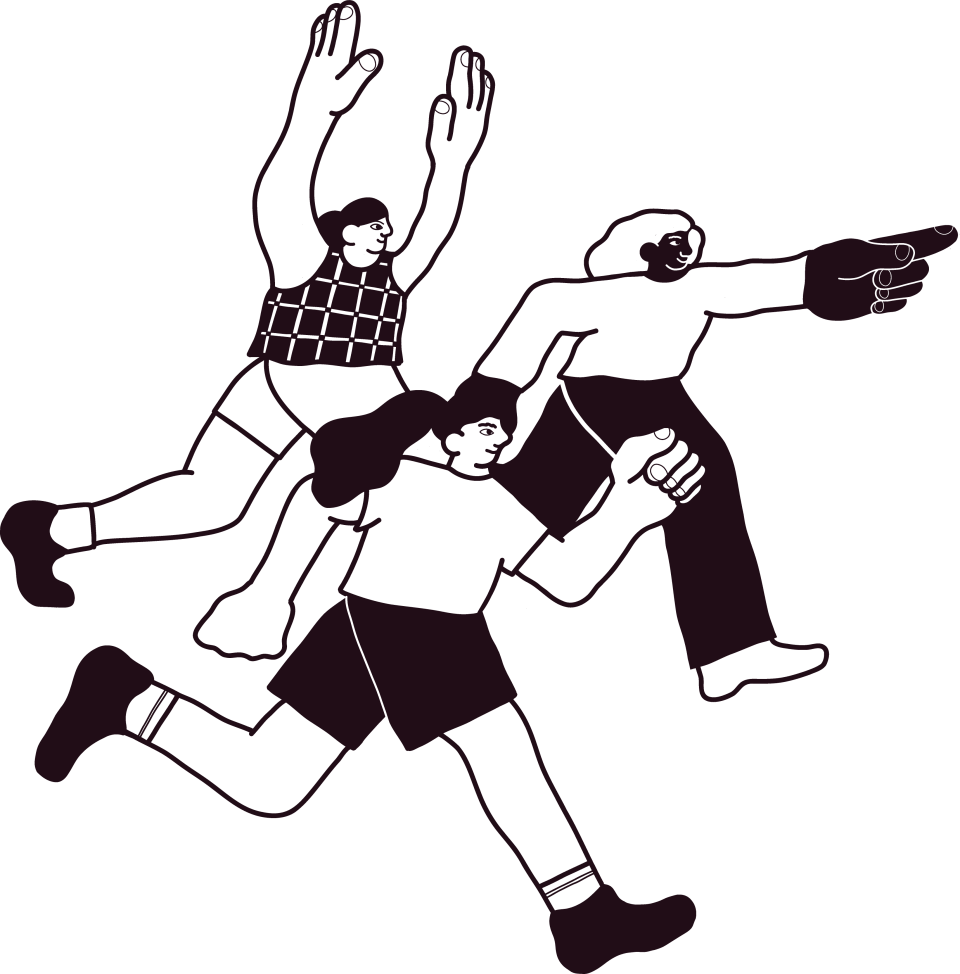Three youth pointing and walking towards a direction