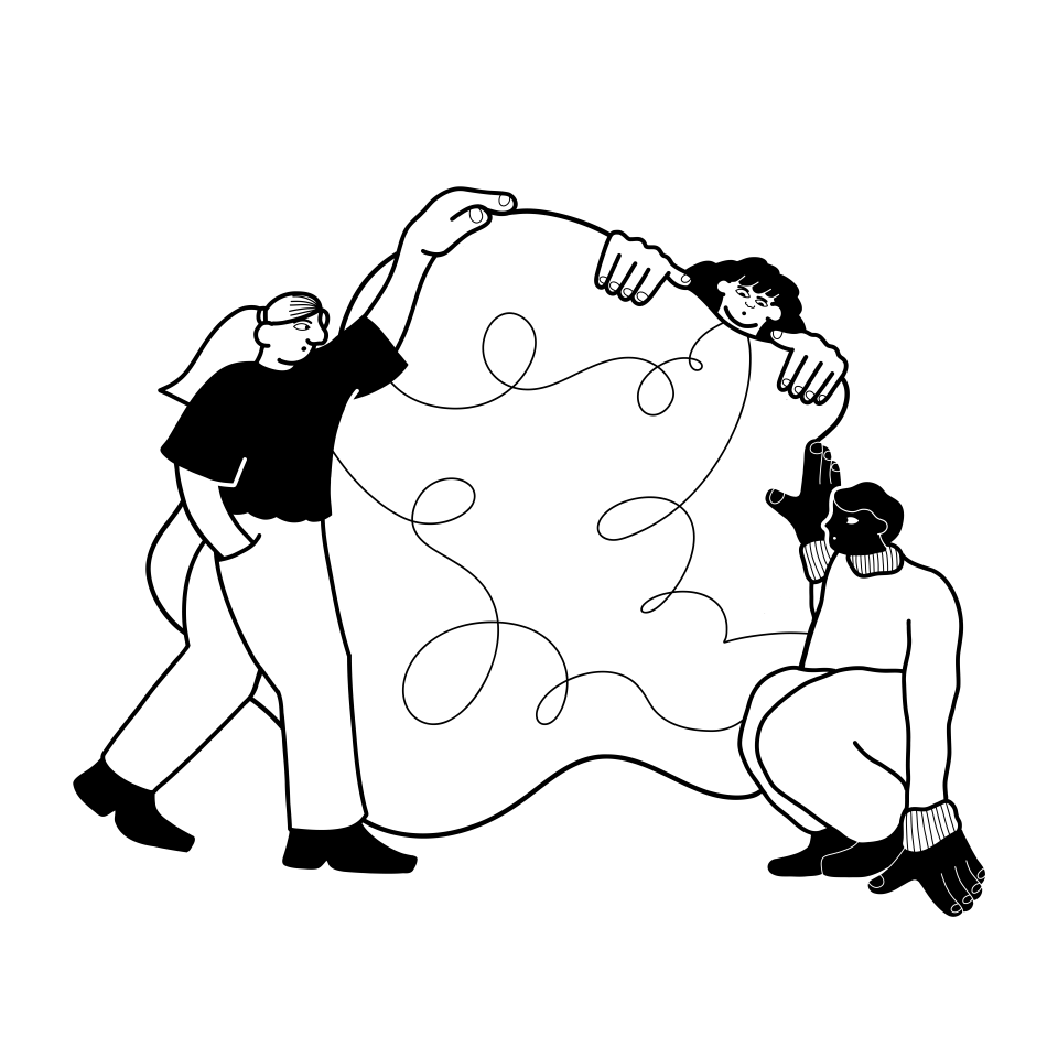 Three people gathering around a web of messy lines