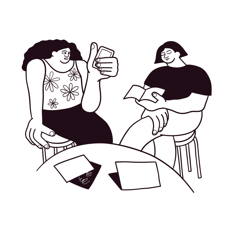 Illustration of women sitting together by Anita Rudakov