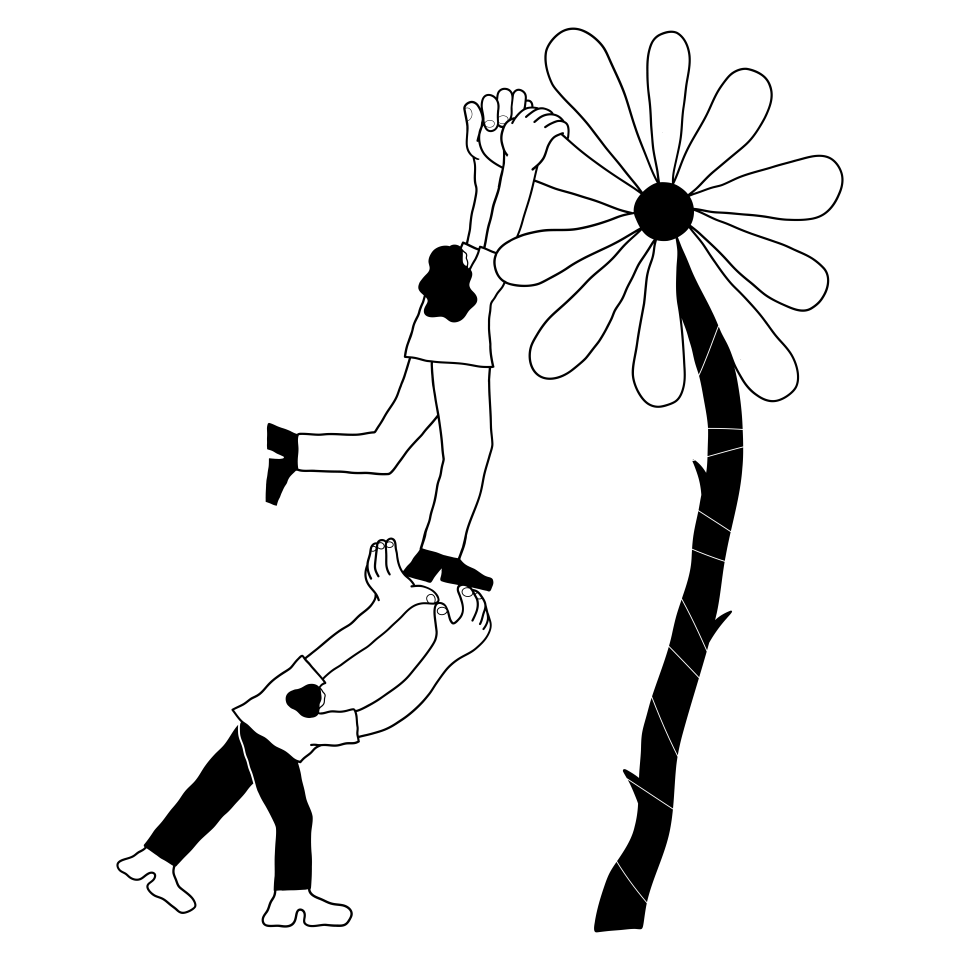 Illustration of two people supporting one another beside a growing flower